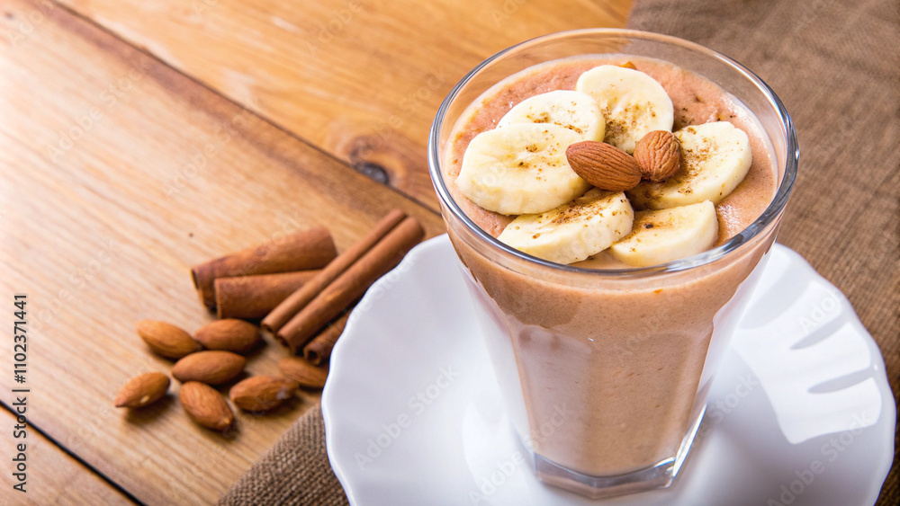 Creamy almond milk smoothie with banana topping and cinnamon sticks on a white plate Creamy almond milk smoothie with banana topping and cinnamon sticks on a white plate