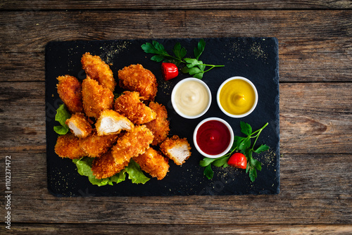 Fried breaded chicken nuggets served with mayonnaise, ketchup and mustard on wooden table	