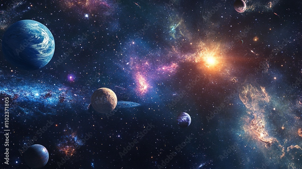 A vibrant depiction of outer space, showcasing planets, stars, and cosmic phenomena in a colorful, expansive universe. A vibrant depiction of outer space, showcasing planets, stars, and cosmic phenomena in a colorful, expansive universe.