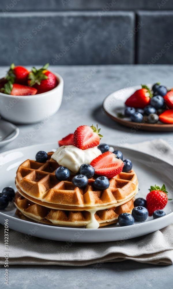 Irresistible waffles topped with luscious berries and syrup. Bright colors evoke warmth and comfort, ideal for food related promotions and dessert menus. Irresistible waffles topped with luscious berries and syrup. Bright colors evoke warmth and comfort, ideal for food related promotions and dessert menus.