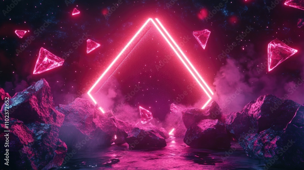 A vibrant digital landscape with glowing pink neon triangles and floating gems, creating an ethereal and futuristic atmosphere. A vibrant digital landscape with glowing pink neon triangles and floating gems, creating an ethereal and futuristic atmosphere.