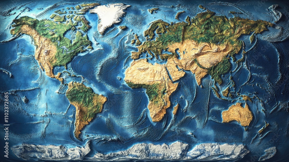A detailed topographic relief map of the world, showcasing distinct landforms and regions in vibrant colors. A detailed topographic relief map of the world, showcasing distinct landforms and regions in vibrant colors.