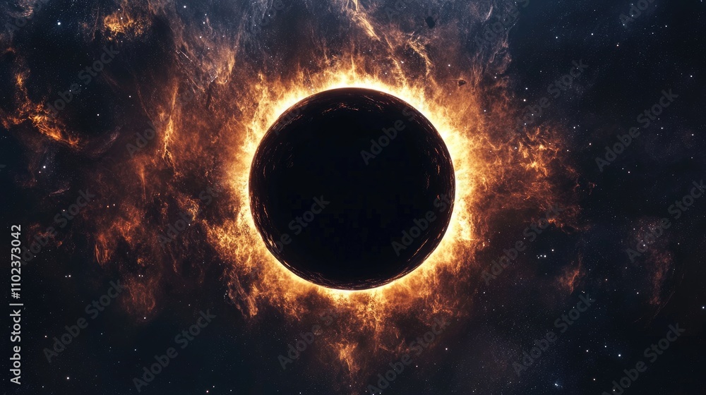 A mesmerizing cosmic view of a solar eclipse with a fiery corona glowing around a dark silhouette. A mesmerizing cosmic view of a solar eclipse with a fiery corona glowing around a dark silhouette.