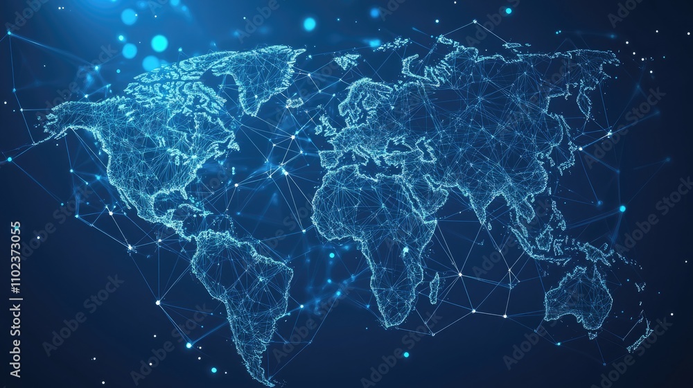 Fototapeta premium Digital world map with interconnected nodes, symbolizing global connectivity and technology.