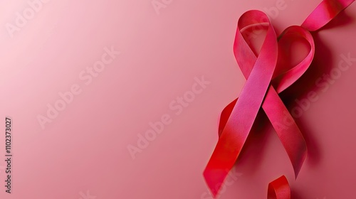 A vibrant pink ribbon symbolizing breast cancer awareness on a soft pink background. photo