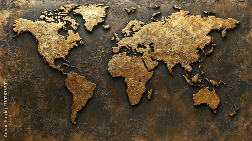 Elegant gold world map on a textured brown background, symbolizing global influence and connectivity. Elegant gold world map on a textured brown background, symbolizing global influence and connectivity.
