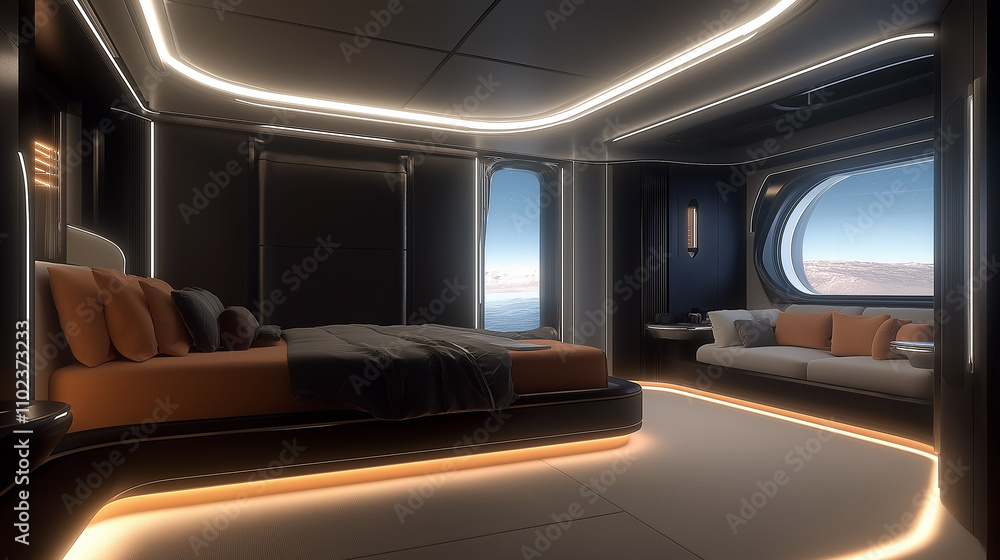 Futuristic hotel room interior design offering breathtaking views of mars surface Futuristic hotel room interior design offering breathtaking views of mars surface