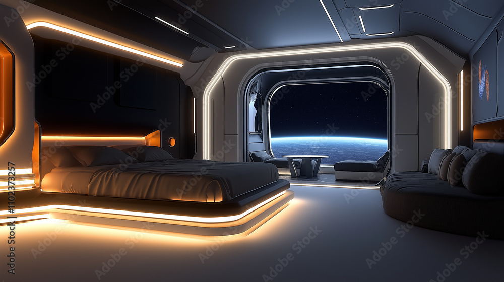 Fototapeta premium Futuristic hotel room overlooking planet earth from spacecraft
