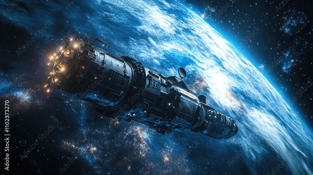 A futuristic spacecraft glides through the cosmos, illuminated against the backdrop of Earth�s vibrant atmosphere. A futuristic spacecraft glides through the cosmos, illuminated against the backdrop of Earth�s vibrant atmosphere.