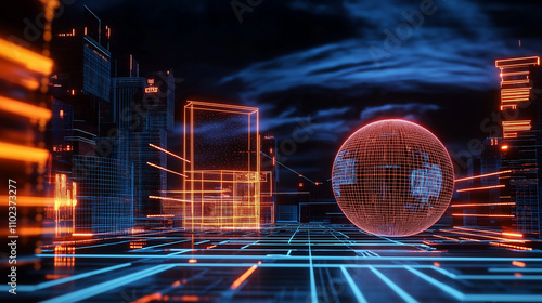 Futuristic wireframe globe floating in digital cityscape at night
