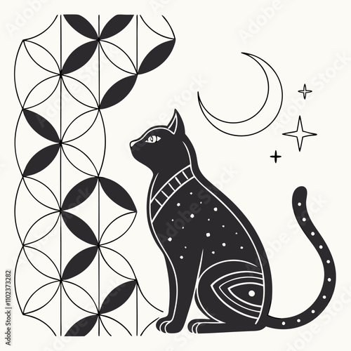 Mystical Black Cat Vector EPS: Boho Moon, Stars.