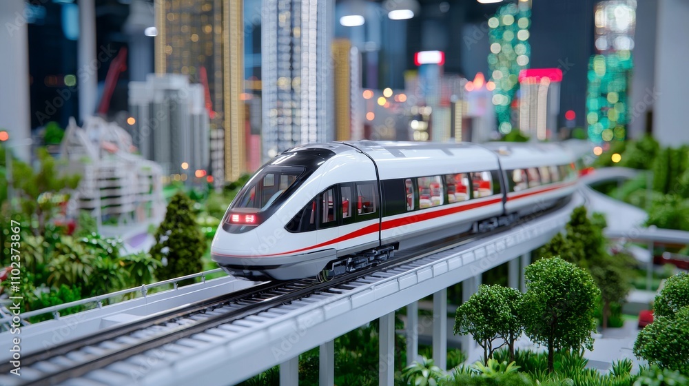 Naklejka premium An advanced transit system utilizing magnetic levitation trains, state-of-the-art architecture, and high-tech infrastructure, demonstrating the advancement of urban mobility.