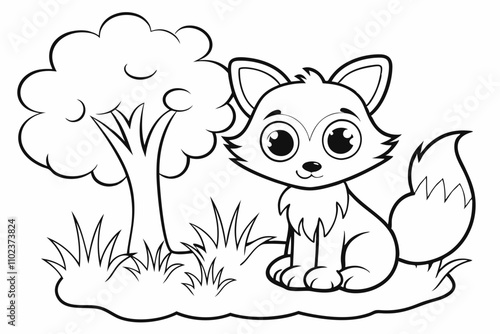 cute Fox, add some grass and a tree, coloring book