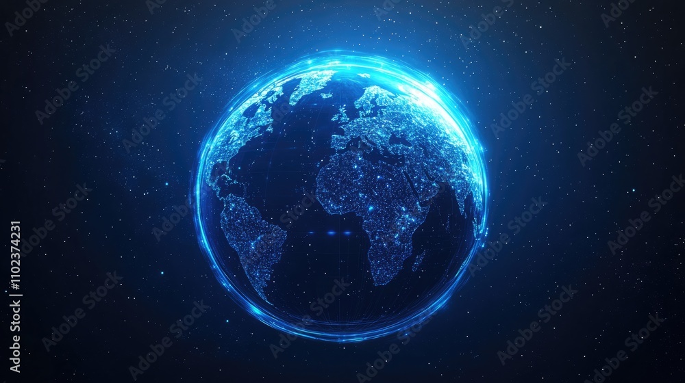 Fototapeta premium A glowing blue representation of Earth in space, showcasing a network of lights across continents.