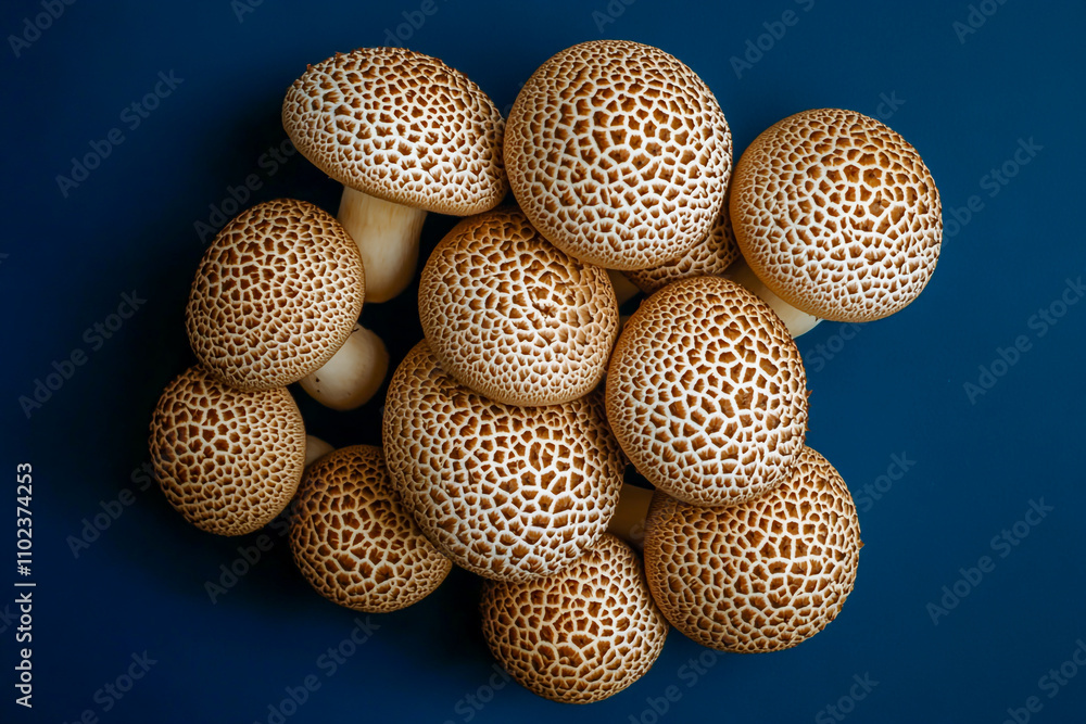 A top-down view of an assortment of small, round brown spore balls with white spots on them against a dark blue background. A top-down view of an assortment of small, round brown spore balls with white spots on them against a dark blue background.