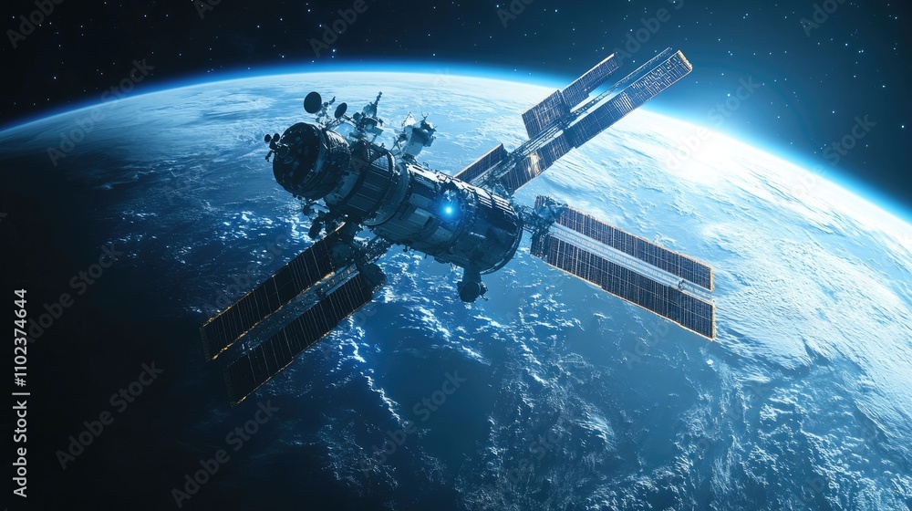 Fototapeta premium A stunning view of a futuristic space station orbiting Earth, illuminated against a deep cosmos backdrop.