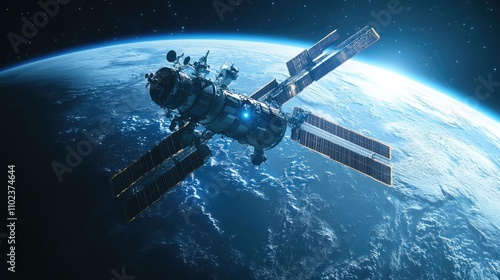 Wallpaper Mural A stunning view of a futuristic space station orbiting Earth, illuminated against a deep cosmos backdrop. Torontodigital.ca