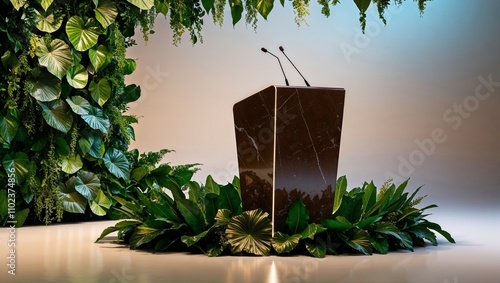 Podium surrounded by lush greenery and foliage decor photo