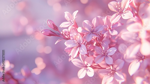 Delicate, pastel pink flowers in soft focus, blooming in a lush garden setting.