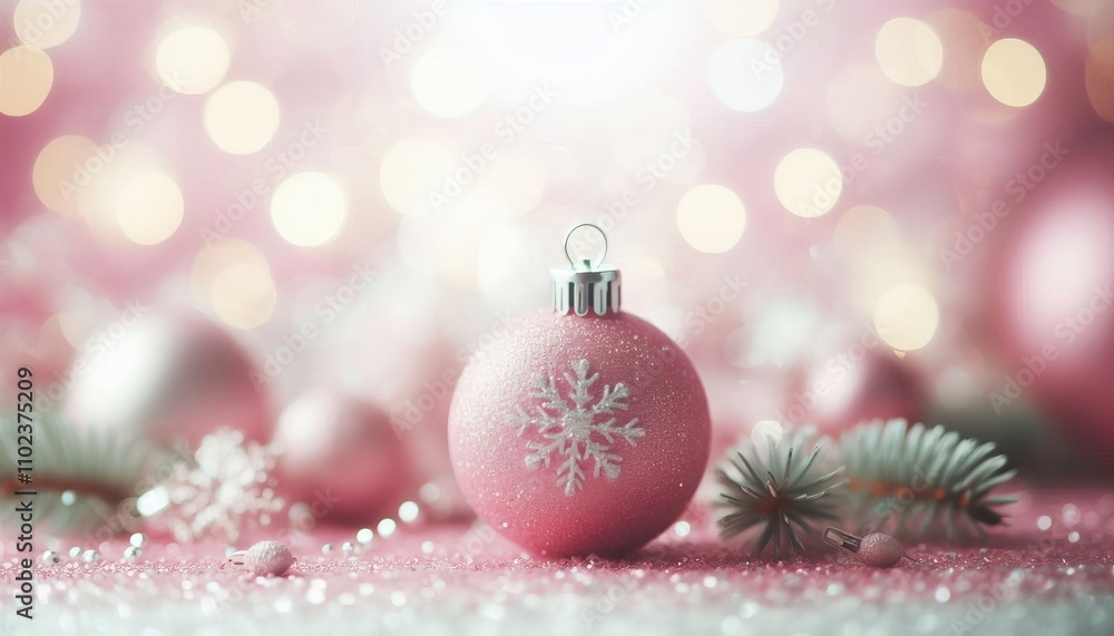 Fototapeta premium Pink Christmas Ornament - Decorated Christmas Bauble Background with Space for Copy - Christmas Ornament with Christmas Tree - Holiday Diffused Bokeh Wallpaper - Snow, Mistletoe and Presents