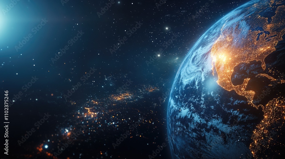 Fototapeta premium A breathtaking view of Earth from space, showcasing twinkling city lights against a starry backdrop.