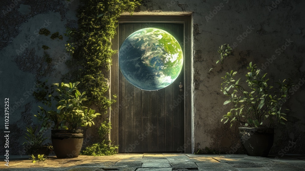 A mystical door reveals a vibrant Earth, surrounded by lush greenery in a serene, dimly lit setting. A mystical door reveals a vibrant Earth, surrounded by lush greenery in a serene, dimly lit setting.