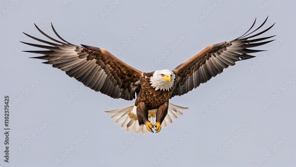 Obraz premium Bald eagle in flight with expansive blue sky backdrop