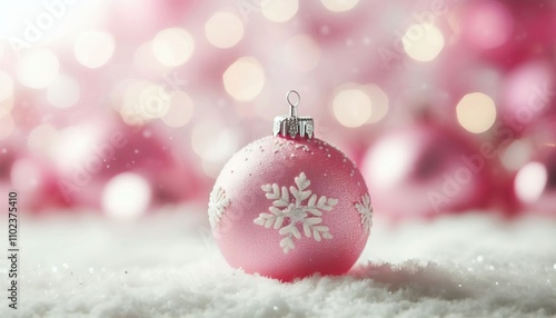 Pink Christmas Ornament - Decorated Christmas Bauble Background with Space for Copy - Christmas Ornament with Christmas Tree - Holiday Diffused Bokeh Wallpaper - Snow, Mistletoe and Presents