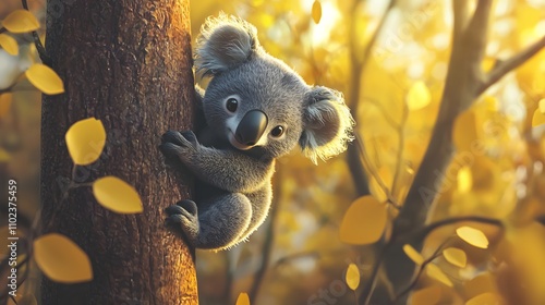 A cute, grey koala bear cub clings to a eucalyptus branch in a white background studio shot photo