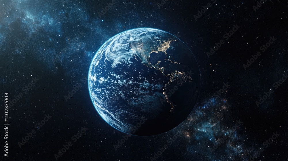Naklejka premium A stunning view of Earth from space, showcasing vibrant colors and city lights against a cosmic backdrop.