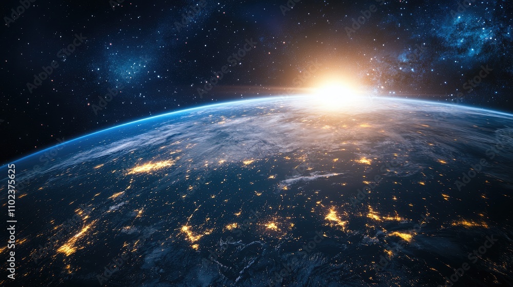 A breathtaking view of Earth from space at sunrise, highlighting city lights and the curvature of the planet. A breathtaking view of Earth from space at sunrise, highlighting city lights and the curvature of the planet.