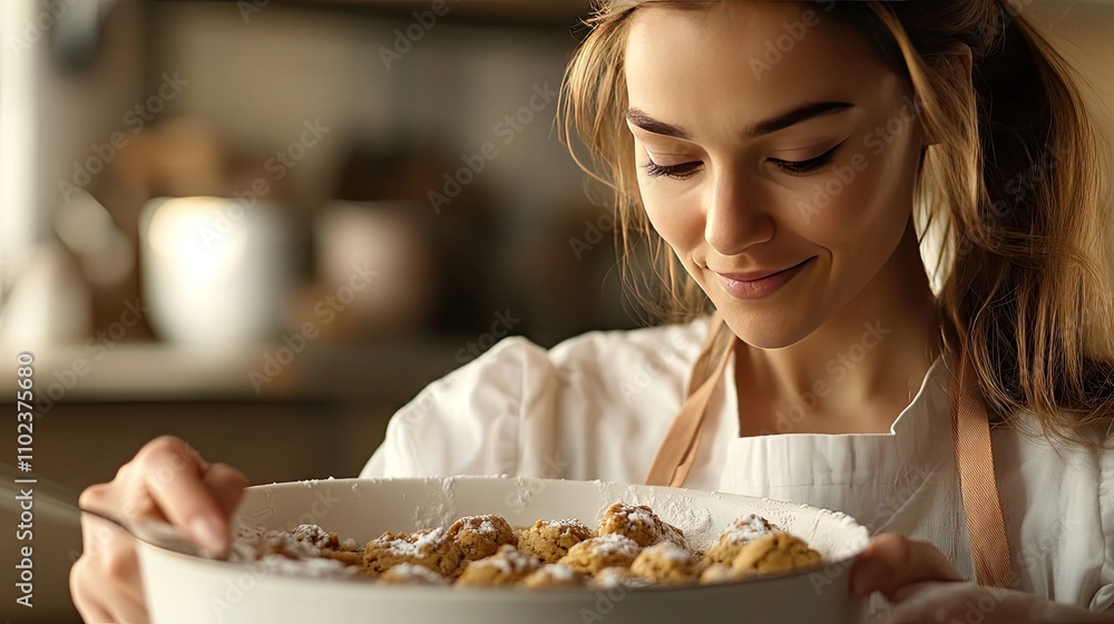Smiling young woman in a light kitchen, baking cookies with powdered sugar, radiating warmth and joy. Smiling young woman in a light kitchen, baking cookies with powdered sugar, radiating warmth and joy.