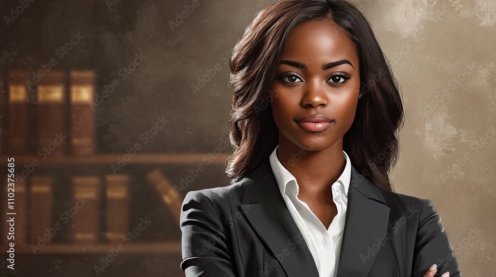Confident young Black woman in a professional suit poses in front of a blurred bookshelf, exuding strength and ambition. Confident young Black woman in a professional suit poses in front of a blurred bookshelf, exuding strength and ambition.