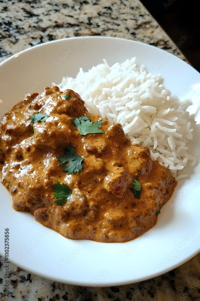 A plate of lentil curry with basmati rice, presenting a protein-rich vegan comfort food. A plate of lentil curry with basmati rice, presenting a protein-rich vegan comfort food.
