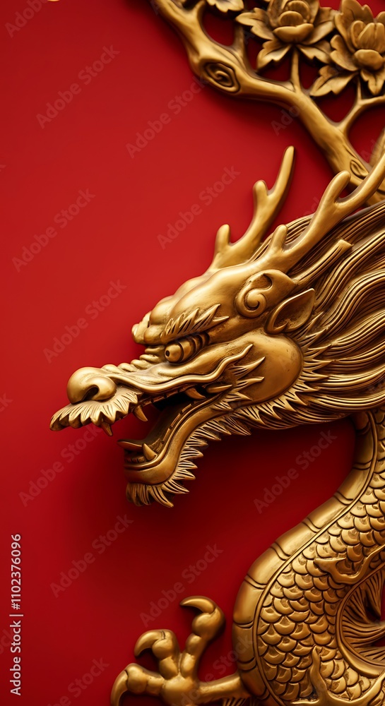 Golden dragon on red background symbolizing power and prosperity Golden dragon on red background symbolizing power and prosperity