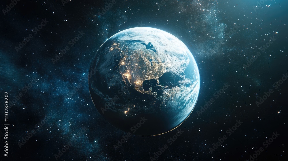 A stunning view of Earth from space, showcasing bright city lights highlighting human presence against a backdrop of deep cosmos. A stunning view of Earth from space, showcasing bright city lights highlighting human presence against a backdrop of deep cosmos.