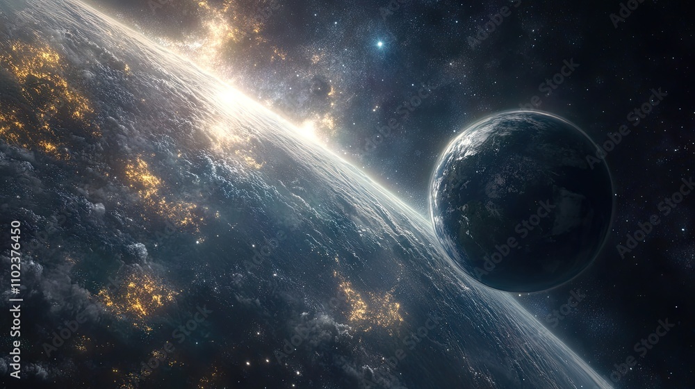 A stunning view of Earth from space, highlighting glowing cities and celestial wonders amidst a cosmic backdrop. A stunning view of Earth from space, highlighting glowing cities and celestial wonders amidst a cosmic backdrop.