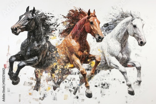 Three Horses: Dynamic Collage of Three Bay Horses Running with Speed and Power