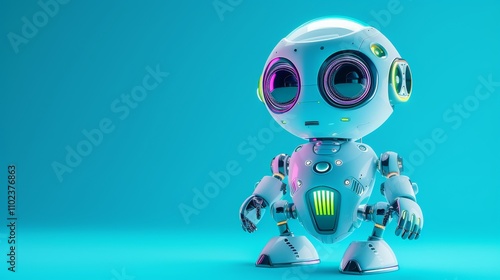 A small, round robot in a bright teal finish with colorful glowing accents, set against a minimalistic teal background, exuding charm and futuristic appeal. AI generated.