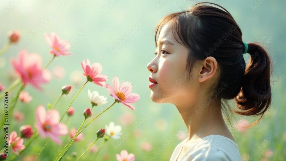 Abstract portrait of an Asian young girl with flowers in her hair, on her face Abstract portrait of an Asian young girl with flowers in her hair, on her face