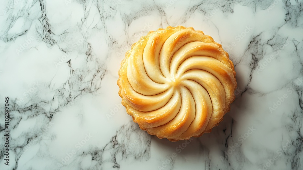 Obraz premium Delicious spiral pastry on a marble surface, showcasing golden caramel glaze.