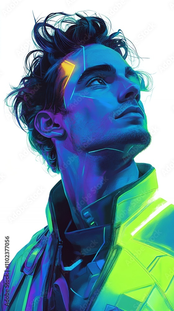 Fototapeta premium Portrait of a Futuristic Young Man in Vibrant Colors With Abstract Geometric Designs Set Against a Minimal Background