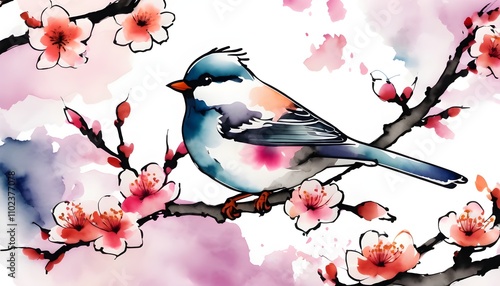 Bird on a cherry tree branch