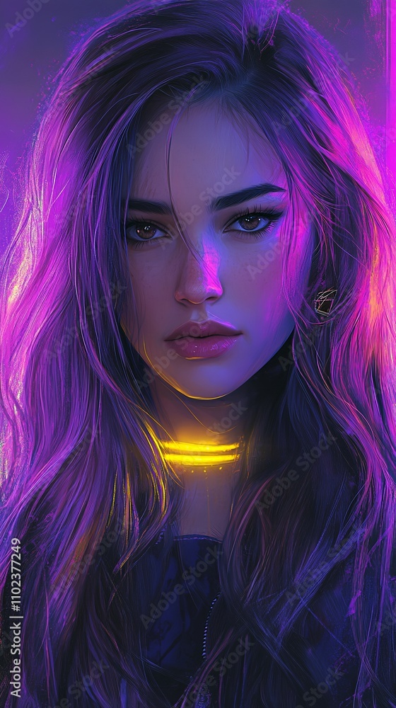 Woman With Vibrant Hair Illuminated by Purple and Yellow Lights, Giving a Futuristic Aura and Captivating Expression Woman With Vibrant Hair Illuminated by Purple and Yellow Lights, Giving a Futuristic Aura and Captivating Expression