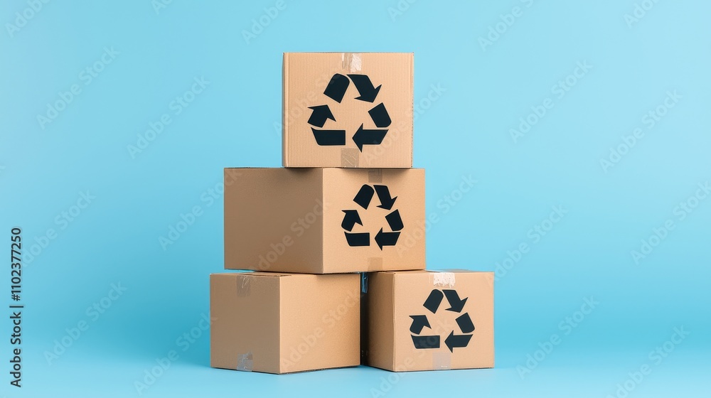Obraz premium Sustainable logistics center featuring recycled packaging, depicted in a flat design illustration.