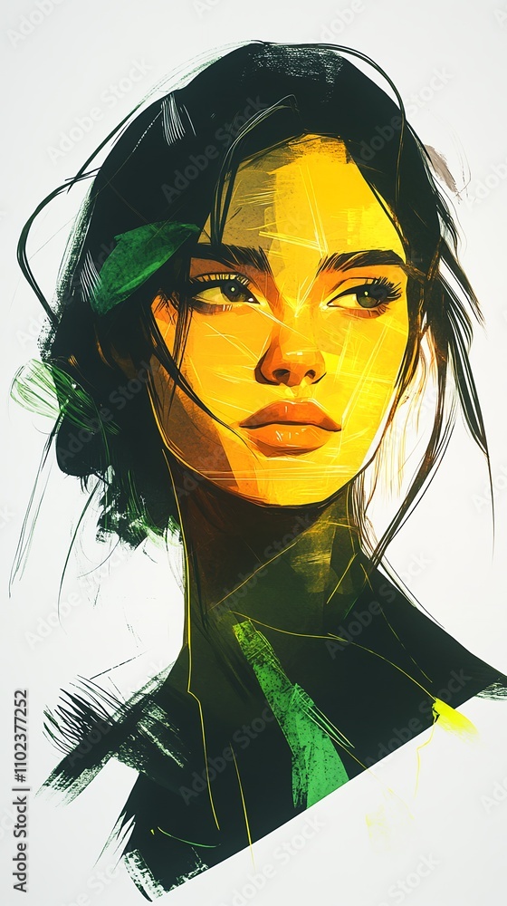 Naklejka premium Vibrant Portrait Featuring a Young Woman With Expressive Features and Bold Colors in an Abstract Style