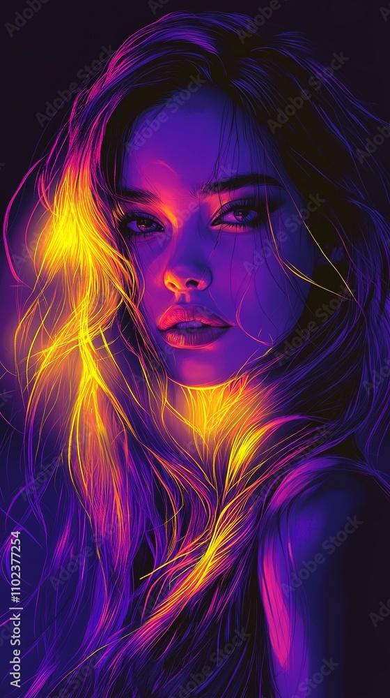 Portrait of a Young Woman With Vibrant Neon Hair Illuminated in Purple and Yellow Lighting, Capturing an Ethereal and Artistic Look at an Evening Setting Portrait of a Young Woman With Vibrant Neon Hair Illuminated in Purple and Yellow Lighting, Capturing an Ethereal and Artistic Look at an Evening Setting