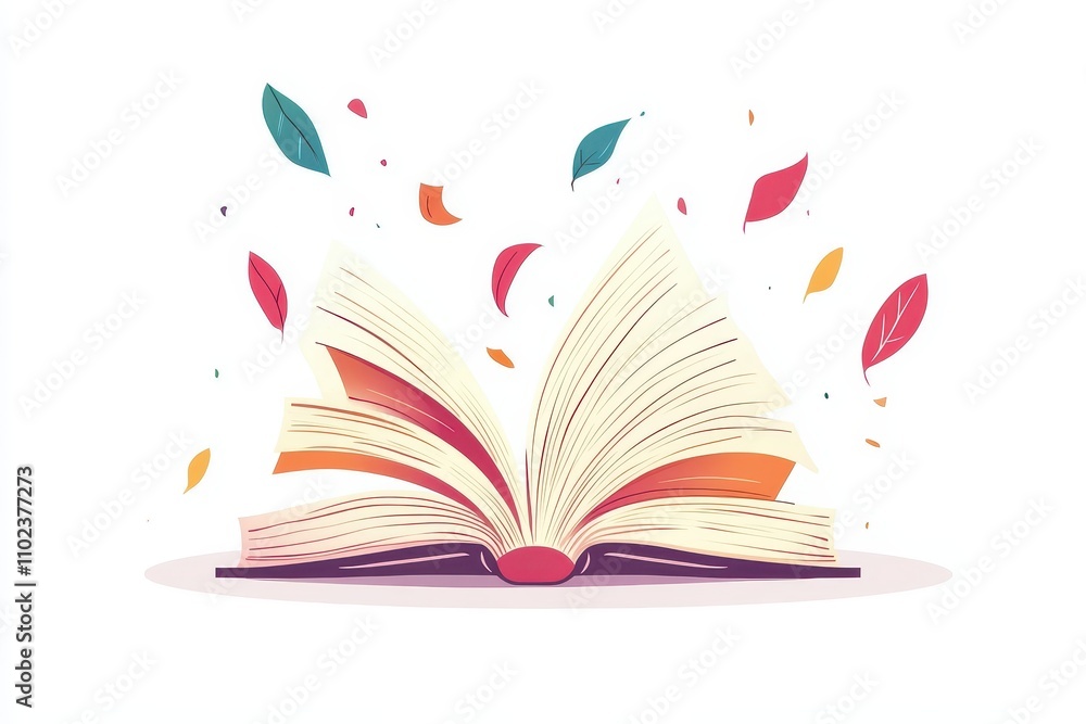 Colorful autumn leaves surround an open book in a whimsical illustration celebrating reading and nature Colorful autumn leaves surround an open book in a whimsical illustration celebrating reading and nature