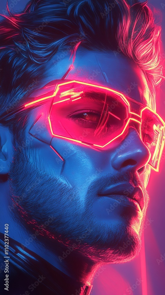 Futuristic Neon Portrait of a Man Wearing Stylish Glasses in a Vibrant, Digitally Enhanced Urban Setting at Night Futuristic Neon Portrait of a Man Wearing Stylish Glasses in a Vibrant, Digitally Enhanced Urban Setting at Night