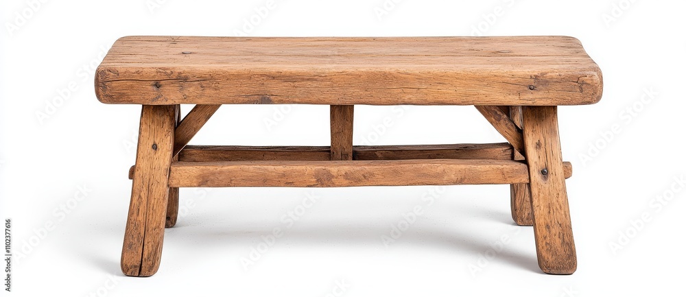 A rustic wooden table designed for product display, featuring a flat top and isolated on a white background, ideal for showcasing items in stock photos.